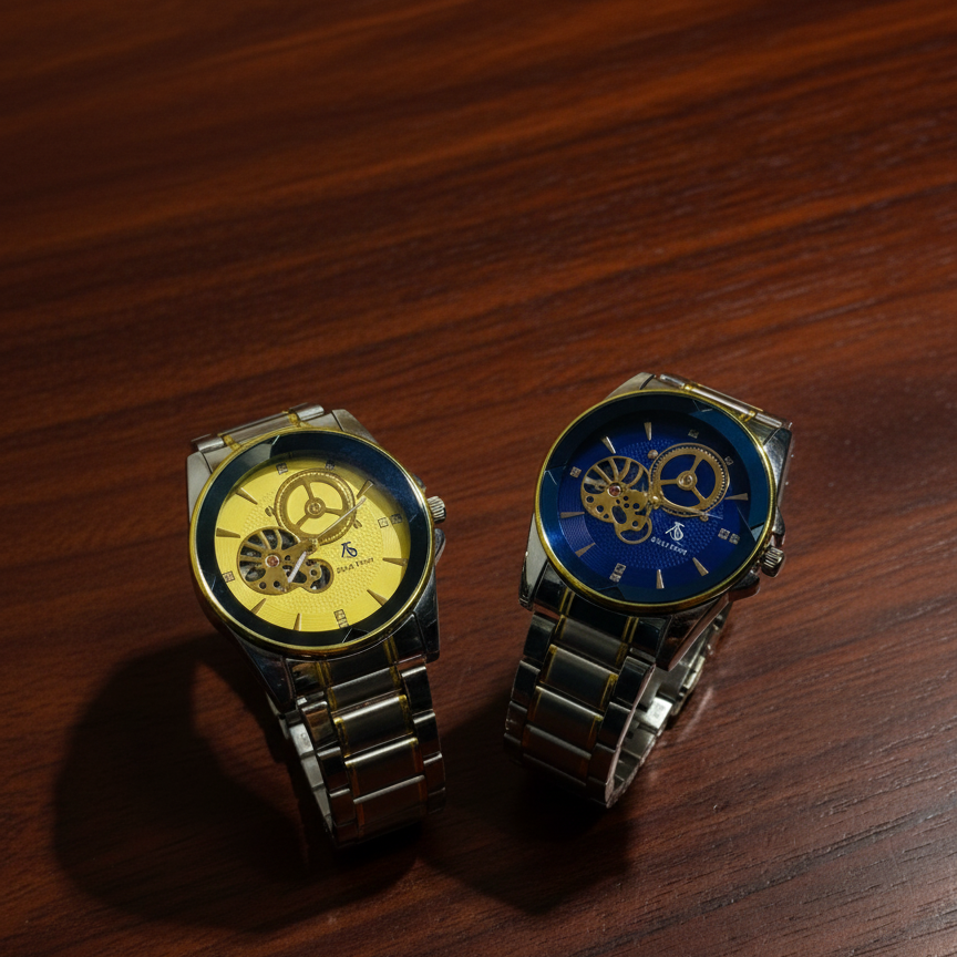 Luxury Men’s Skeleton Automatic Watch with Two-Tone Stainless Steel Bracelet and Open-Heart Dial